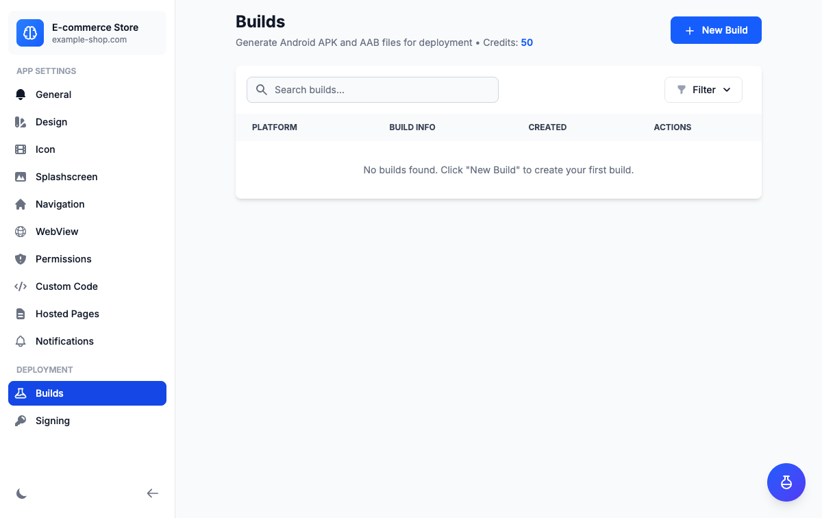 Builds page